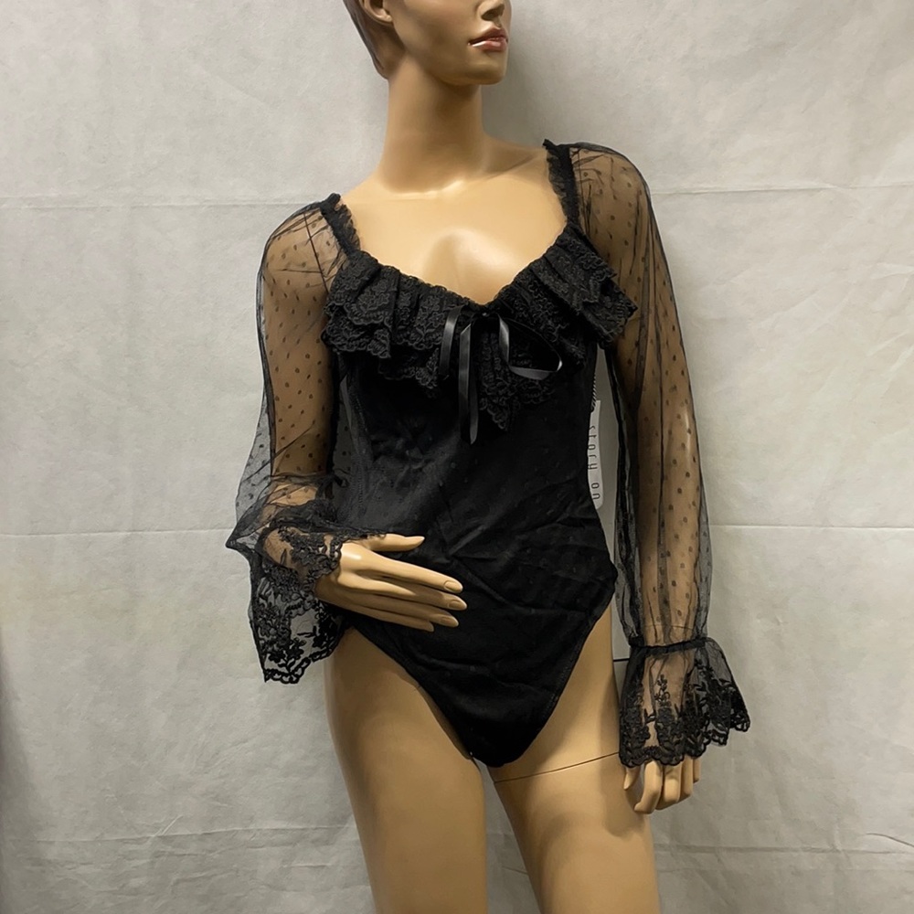 New Story On Black Long Sleeve Thong Bodysuit